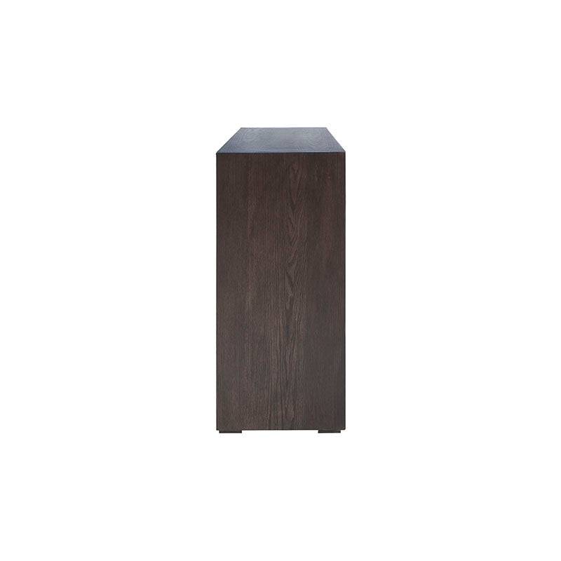 Mueble para TV Menara de madera industrializada en tono encino, con espacio para electrodomésticos y decoración, 160 cm de ancho.