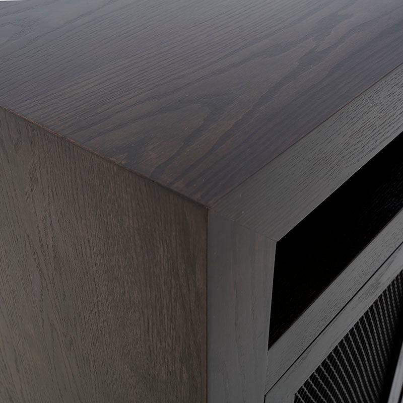 Mueble para TV Menara de madera industrializada con chapa de encino, frente de 160 cm, alto 90 cm y fondo 40 cm, estilo moderno.