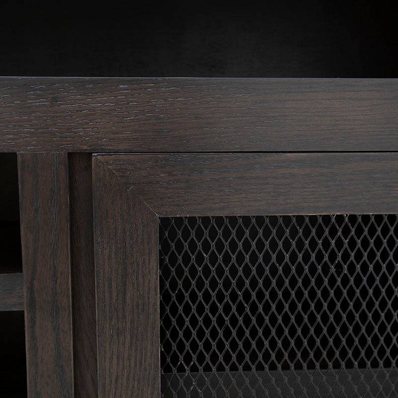 Mueble para TV Menara de estilo industrial en madera de encino, con acabado en chapa, dimensiones 160x90x40 cm, en color ash