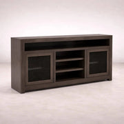 Mueble para TV Menara de madera industrializada con chapa de encino, 160 cm de ancho, 90 cm de alto y 40 cm de fondo.