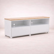 Mueble para TV Eros de chapa de encino y laca blanca, 140 cm de ancho, diseño moderno y acabado semimate.