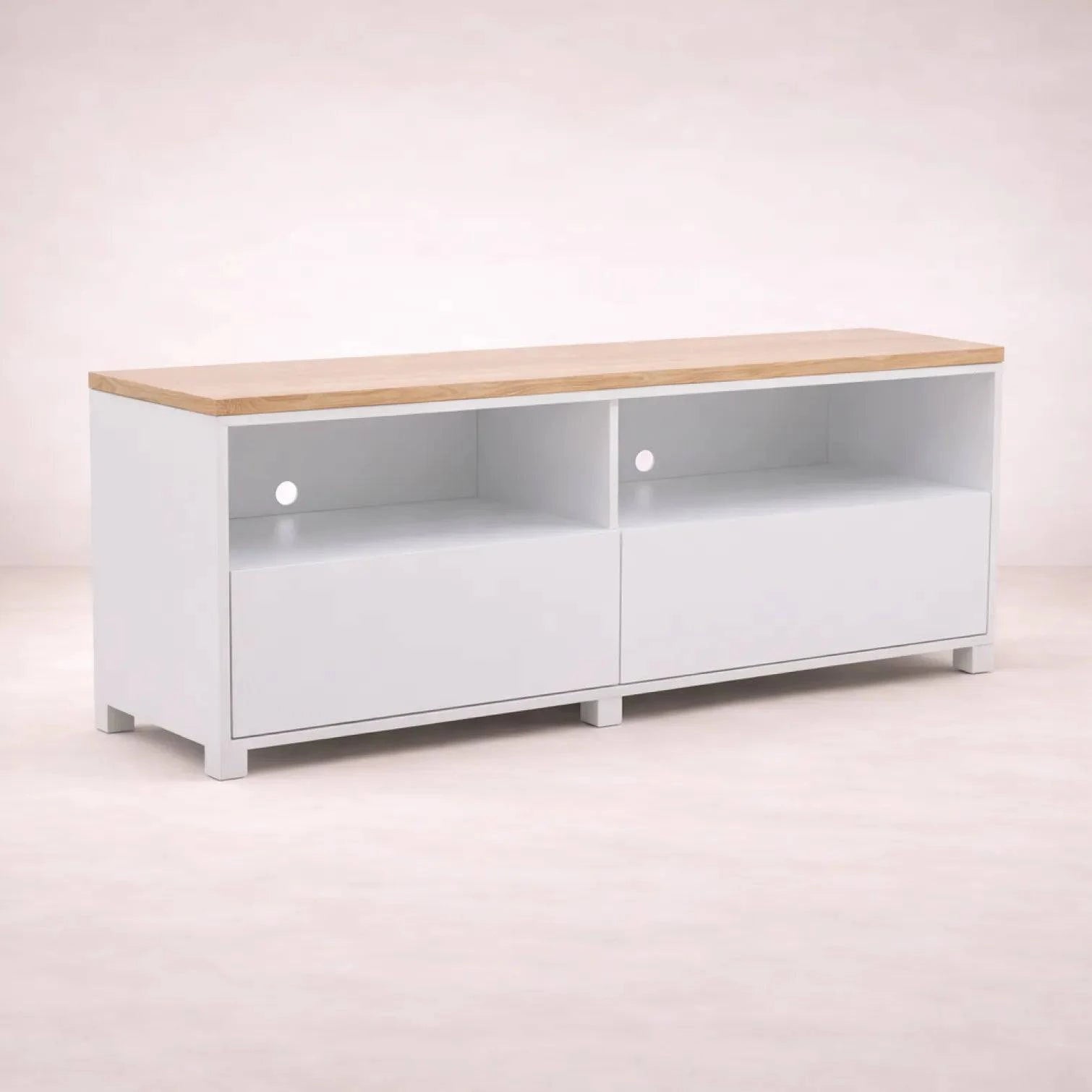 Mueble para TV Eros de chapa de encino y laca blanca, 140 cm de ancho, diseño moderno y acabado semimate.