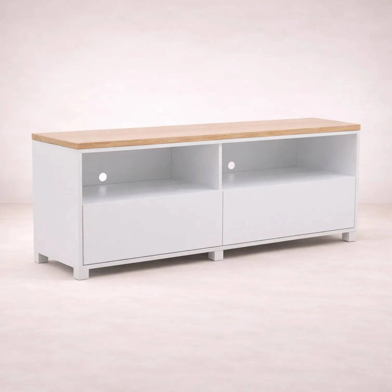 Mueble para TV Eros de chapa de encino y laca blanca, 140 cm de ancho, diseño moderno y acabado semimate.
