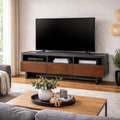 Mueble para TV Ohana de madera en acabado grafito y nogal, con diseño moderno y superficie de 200 cm de largo y 65 cm de alto.