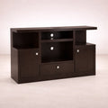 Mueble para TV Asturias de estilo industrial en madera moka, con espacio para electrodomésticos y diseño moderno.