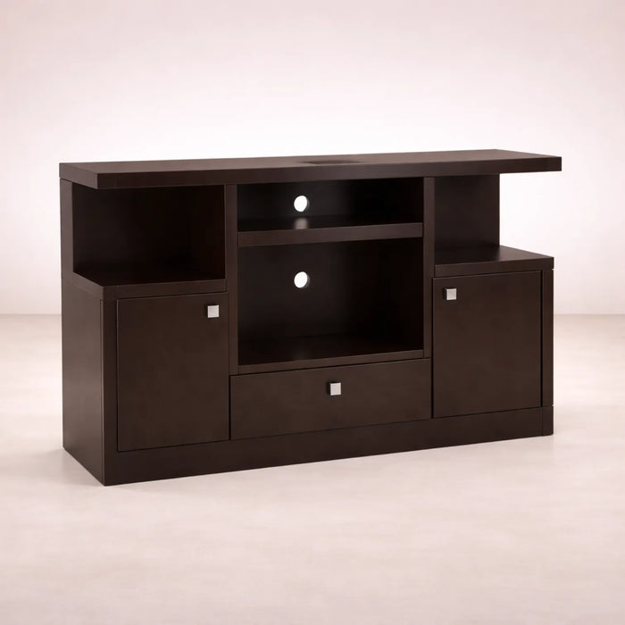 Mueble para TV Asturias de estilo industrial en madera moka, con espacio para electrodomésticos y diseño moderno.