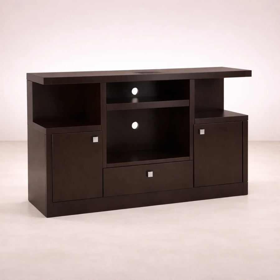 Mueble para TV Asturias de estilo industrial en madera moka, con espacio para electrodomésticos y diseño moderno.