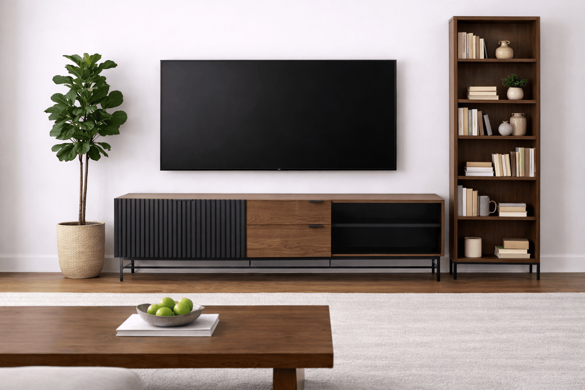 Mueble para TV Jess de Deurope en madera de nogal negro, con diseño industrial y dimensiones de 200x60x40 cm.