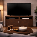 Mueble para TV Tamayo de madera wengue, con puertas de chapa de caoba, frente de 120 cm, alto 70 cm y fondo 30 cm.