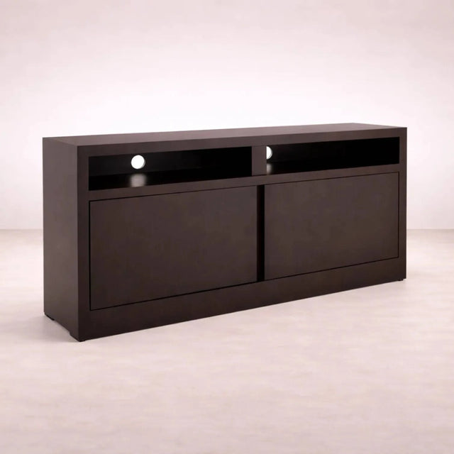 Mueble para TV Tamayo de madera decaoba con acabado wengué, 120 cm de ancho, 70 cm de alto y 30 cm de fondo.