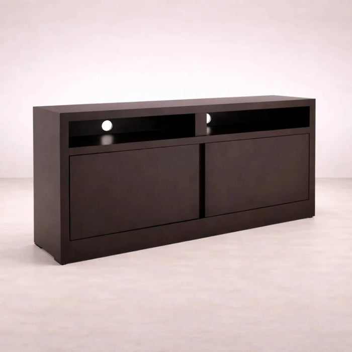 Mueble para TV Tamayo de madera decaoba con acabado wengué, 120 cm de ancho, 70 cm de alto y 30 cm de fondo.
