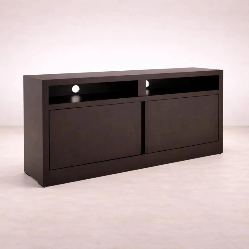 Mueble para TV Tamayo de madera decaoba con acabado wengué, 120 cm de ancho, 70 cm de alto y 30 cm de fondo.