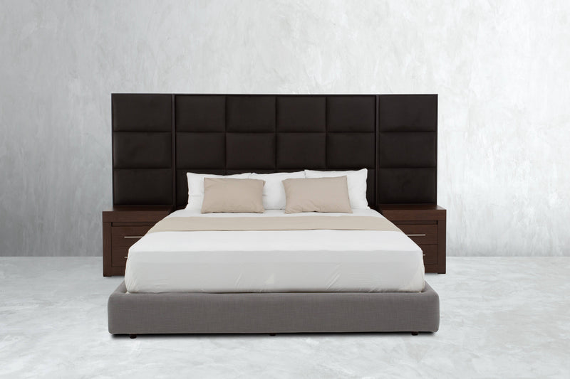 Juego de recámara Boston de Deurope.com.mx con cama, mesitas y armario en diseño moderno y elegante.