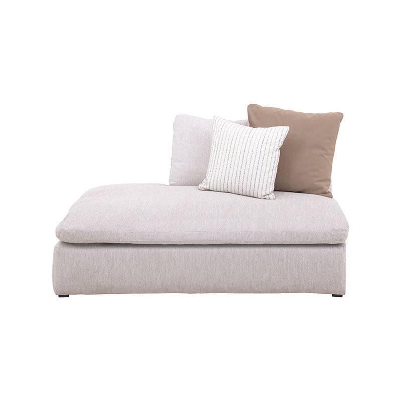 Sillón central y banca de módulo de sala Nube de deurope.com.mx en tela beige con textura suave y estructura de madera de pino.
