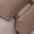 Sala Nube Chaise de color beige con estructura de madera de pino y tela tejida suave, vista frontal de 116 cm de alto y 173 cm de fondo.