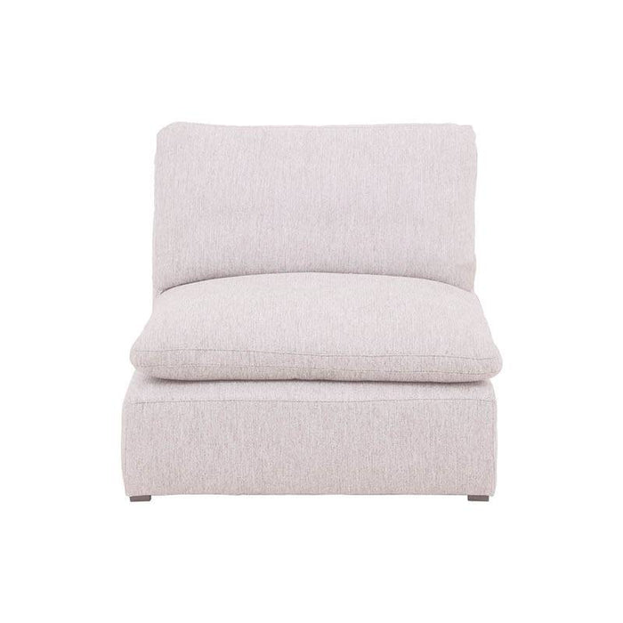 Sillón central de sala Nube de Deurope, módulo de tela beige con textura suave y estructura de madera de pino.