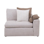 Sillón lateral de sala Nube de Deurope en tela beige con textura suave, con brazo derecho y estructura de madera de pino.