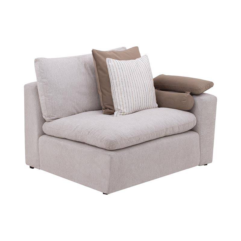 Sillón lateral Sala Nube de deurope.com.mx en tela beige, con brazo derecho, estructura de madera de pino y textura suave.
