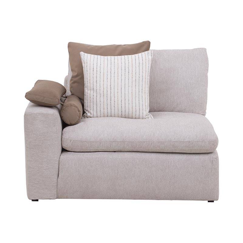 Sillón lateral Sala Nube de Deurope en tela beige con textura suave, brazo derecho, estructura de madera de pino, dimensiones 124x92x103 cm.