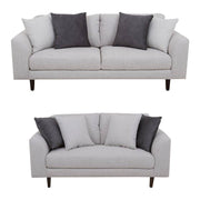 Juego de sala Sally deurope.com.mx en color beige con tejido plano, vistas desde el frente, medidas de 209 cm alto, 82 cm fondo.
