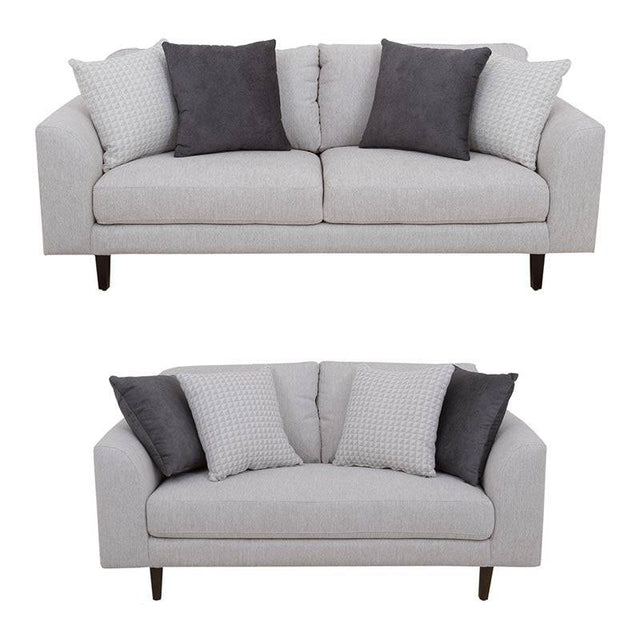 Juego de sala Sally deurope.com.mx en color beige con tejido plano, vistas desde el frente, medidas de 209 cm alto, 82 cm fondo.