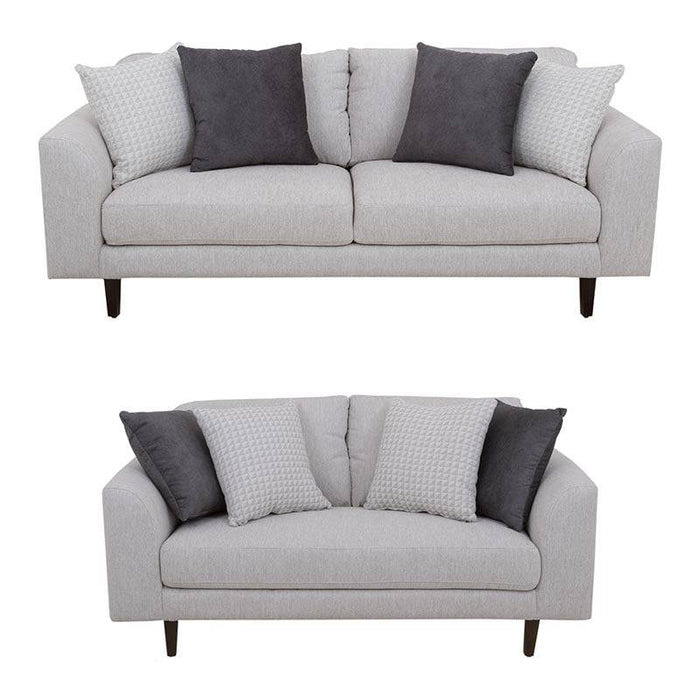 Juego de sala Sally deurope.com.mx en color beige con tejido plano, vistas desde el frente, medidas de 209 cm alto, 82 cm fondo.