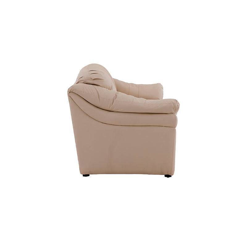 Juego de sala Marsella en cuero con sillón, loveseat y sofá de color café latte, con detalles en piel tacto suave.