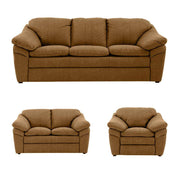 Juego de sala Marsella de cuero en tonos café latte con sofá, love seat y sillón, estilo moderno y cómodo.