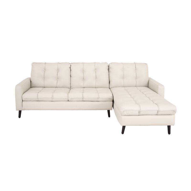 Sala Eugenia de piel color crema con chaise longue, sala moderna y elegante para salón en la imagen.
