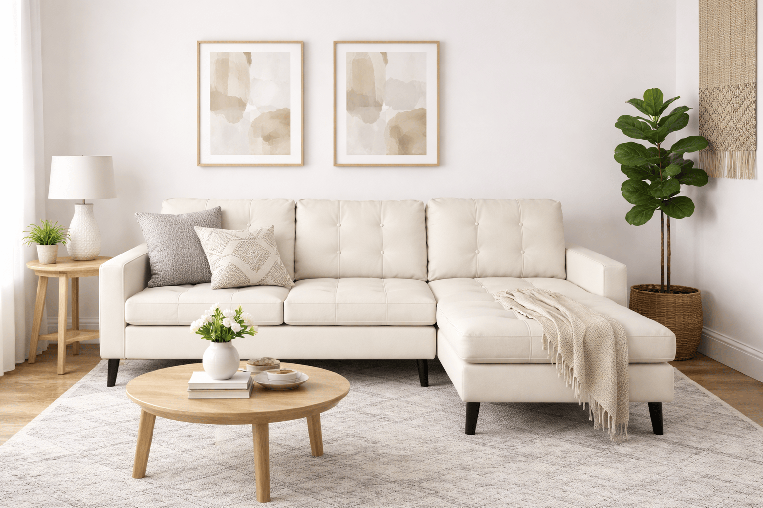Sala Eugenia de piel con chaise en color crema, sofá elegante y cómodo para sala moderna.