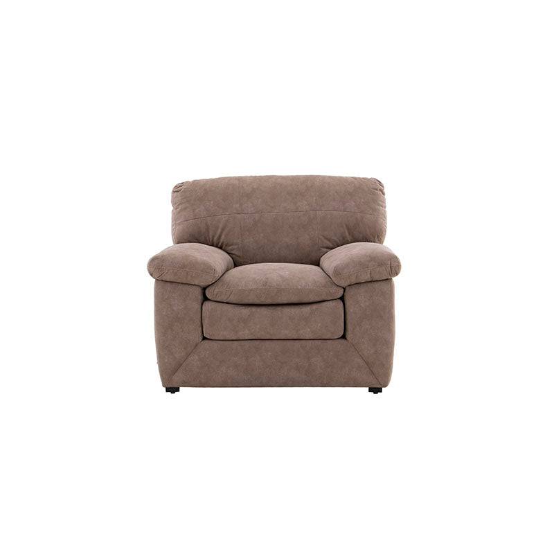 Sillón Calvin de estilo moderno en color gris claro, con estructura acolchada y patas de madera, diseñado para sala elegante.