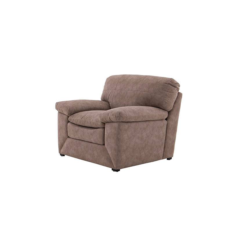 Sillón Calvin de estilo moderno en color gris, con estructura de madera y tapizado suave, en una sala elegante.