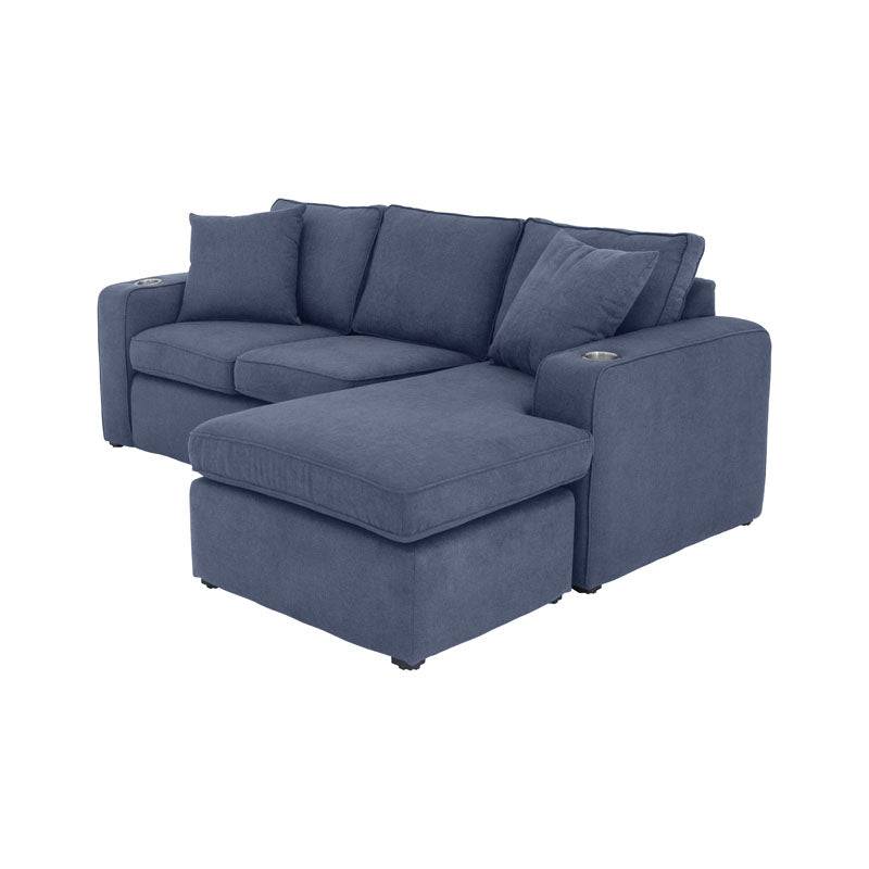 Sala Selena azul de Deurope.com.mx, conjunto de salas con tapizado en color azul y diseño moderno, vista desde el frente.