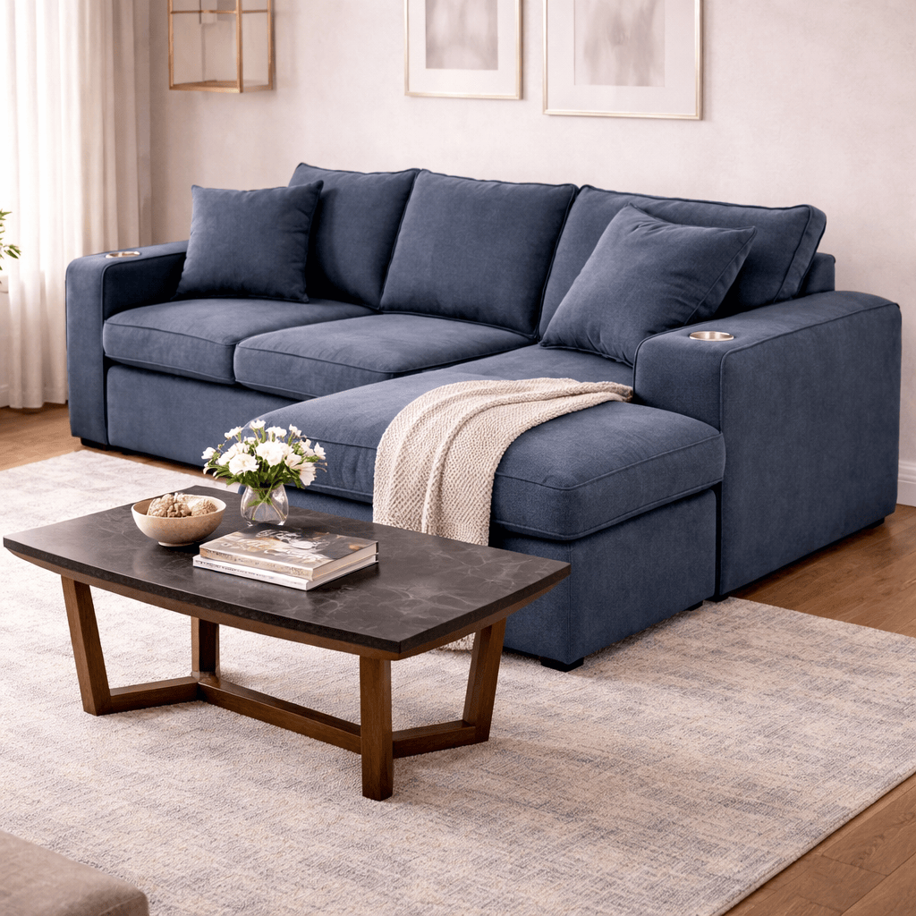 Sala Selena azul de Deurope, conjunto de salas con sofá y sillones en color azul y diseño moderno.