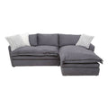 Sala Alejandría chaise derecha de tapiz gris claro, moderna y cómoda con estructura de madera y cojines acolchados.