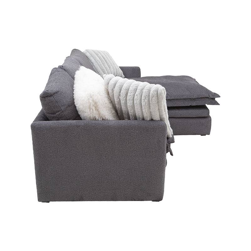 Sala Alejandría chaise derecha de tapiz gris claro con estructura moderna y cómoda, tamaño 248 cm de ancho y 90 cm de alto.