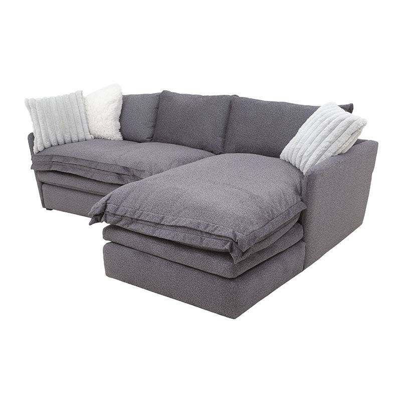 Sala Alejandría chaise derecha de tapiz gris claro, sala de estar moderna con diseño elegante y cómodo.