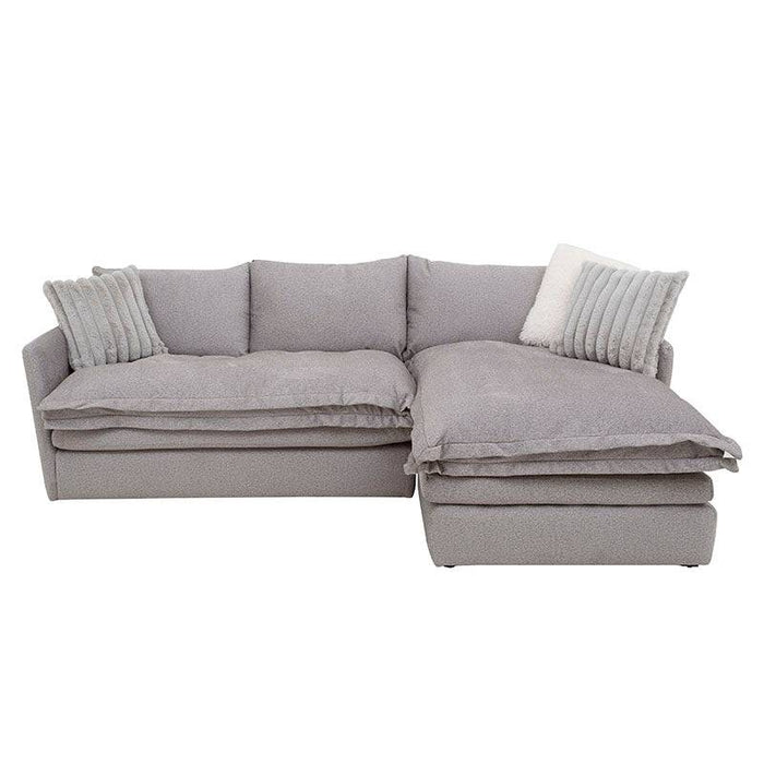 Sala Alejandría con chaise derecha en tela gris claro, estilo moderno y cómodo, deupeuro.com.mx.