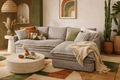 Sala Alejandría chaise derecha de tapiz gris claro, con estructura moderna y cojines en tela, deurope.com.mx