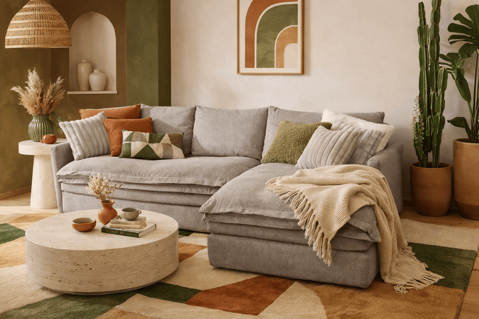 Sala Alejandría de Deurope con chaise derecha en tela gris claro, estructura moderna y tamaño compacto.