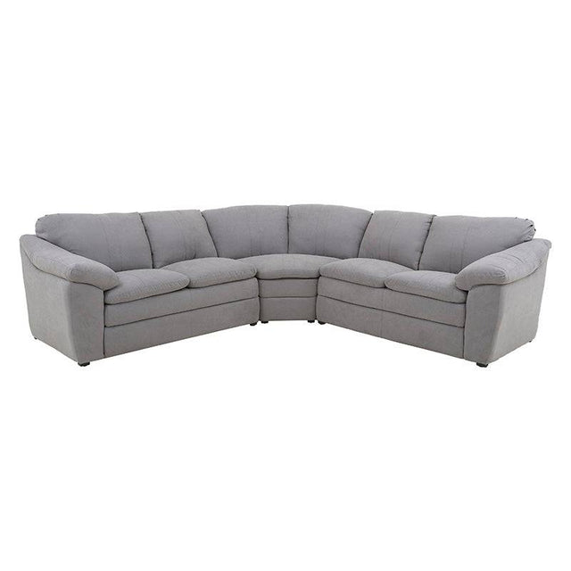 Sala Amara de tapiz gris claro con estructura de sala, dimensiones 276 cm de ancho, 92 cm de alto y 95 cm de fondo.