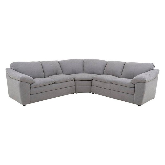 Sala Amara de tapiz gris claro con estructura de sala, dimensiones 276 cm de ancho, 92 cm de alto y 95 cm de fondo.
