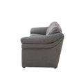 Juego de sala Marsella gris de cuero con sofá, loveseat y sillón, en diseño moderno y elegante, con dimensiones destacadas.