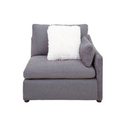 Juego de sala Francesca de 6 piezas en tapiz gris oscuro, vista lateral derecha con detalles de tela tejida y dimensiones.