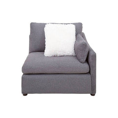 Juego de sala Francesca de 6 piezas en tapiz gris oscuro, vista lateral derecha con detalles de tela tejida y dimensiones.
