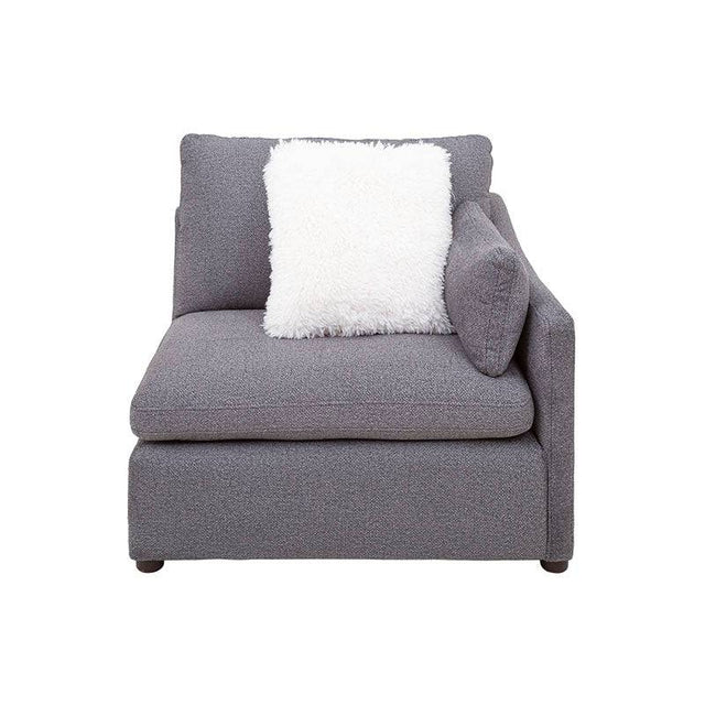 Juego de sala Francesca de 6 piezas en tapiz gris oscuro, vista lateral derecha con detalles de tela tejida y dimensiones.
