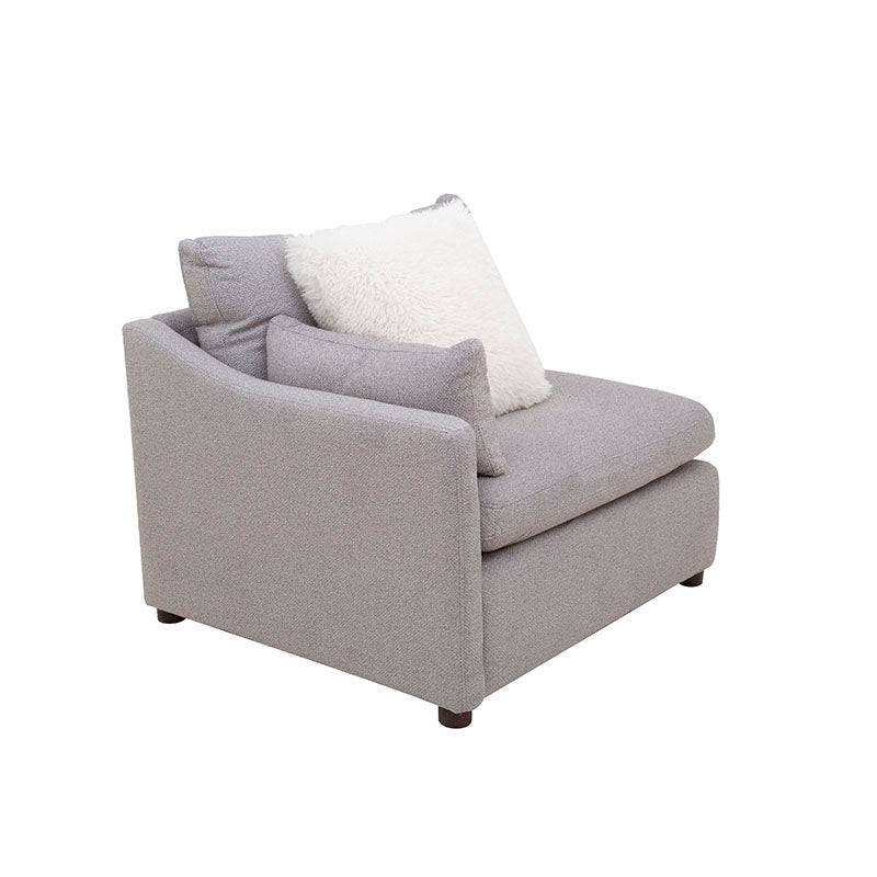 Módulo de sala Francesca lateral izquierdo en gris oscuro de tapiz de tela, con medidas de 102x88x93 cm, deurope.com.mx.