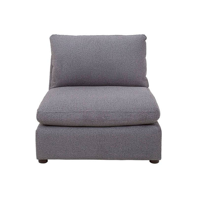 Juego de sala Francesca de 6 piezas en gris oscuro con textura afelpada, incluye sillón central, dimensiones 86x88x93 cm.