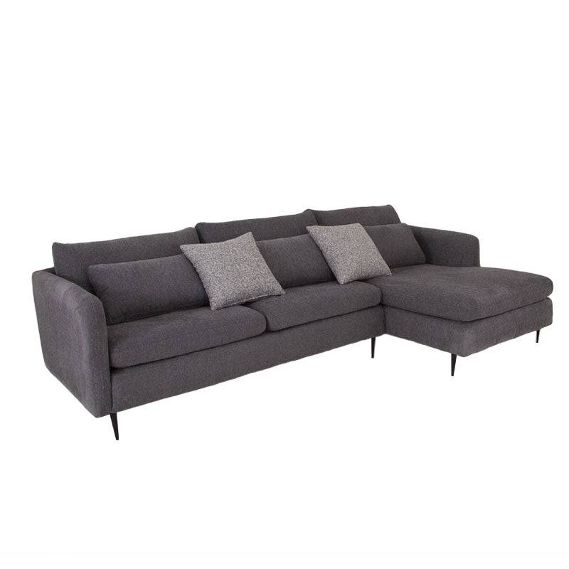 Sala con chaise gris Jess deurope.com.mx, conjunto de sofá moderno y cómodo en color gris, vista lateral del mueble.