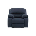 Sillón individual Sala Enzo III en cuero azul cobalto, moderno y cómodo, con respaldo y asiento acolchado, en ambiente de sala.